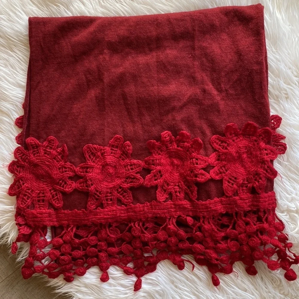 Red Knit Scarf with Crocheted Detail